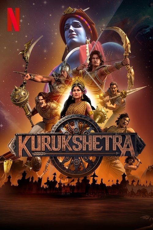 The poster features a dramatic, fiery sunset backdrop with warriors in ancient armor and weapons. Central figures like the blue-skinned warrior and golden-haired warrior dominate the composition, surrounded by smaller warriors in dynamic poses. The title "Kurukshetra" glows in metallic gold again...