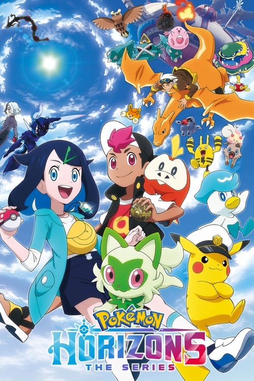 This vibrant poster showcases a dynamic scene from "Pokémon Horizons," featuring beloved characters like Pikachu and Charizard against a bright blue sky. The lively colors and energetic pose convey excitement and adventure, capturing the essence of the show's adventurous spirit.