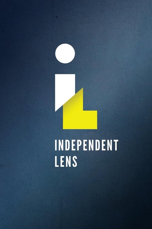 The poster features a minimalist design with a dark blue background, showcasing the logo "i" in white and yellow geometric shapes. The text "INDEPENDENT LENS" is written below in white capital letters, evoking a modern, artistic vibe.
