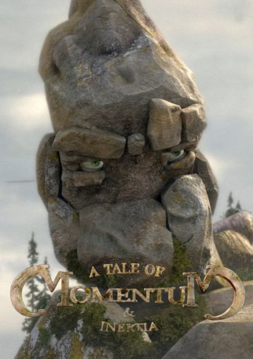 The poster features a weathered, moss-covered statue of a person with a contemplative expression, set against a cloudy sky. The title "A Tale of Momentum & Inertia" is elegantly placed in the foreground, with the words "Inertia" highlighted in gold. The muted earth tones and soft lighting evoke a...