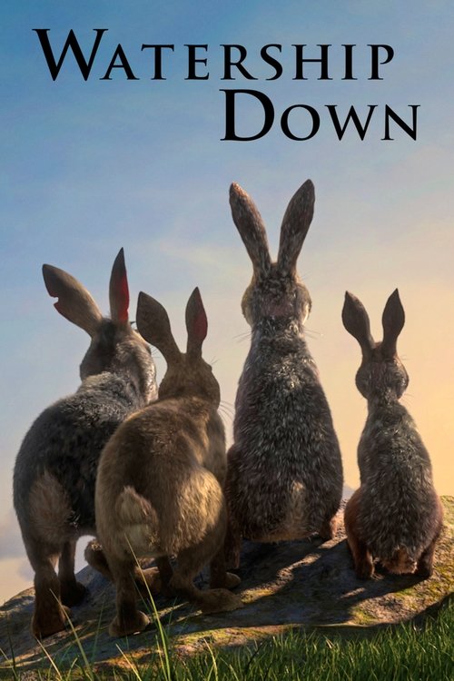 The poster features four rabbits sitting on a grassy hill, bathed in warm sunset light. The muted earth tones of their fur contrast with the vibrant sky. The mood is serene and peaceful, capturing the essence of a quiet countryside moment.
