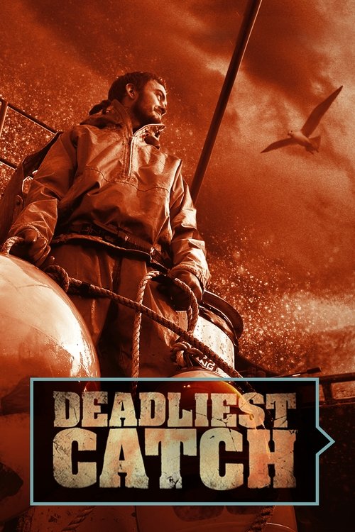 The poster features a rugged man in a leather jacket gripping a rope, set against a dramatic, fiery orange sky. The bold, distressed title "DEADLIEST CATCH" dominates the bottom, evoking a sense of danger and intensity. The overall mood is intense and gritty, capturing the essence of the show's t...