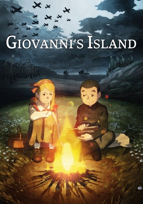 This movie poster depicts a cozy evening at Giovanni's Island, featuring a young couple sharing a warm meal by a roaring campfire. The dark, moody sky with silhouetted birds adds to the mysterious atmosphere, while the warm glow of the fire contrasts beautifully with the cool, twilight tones surr...