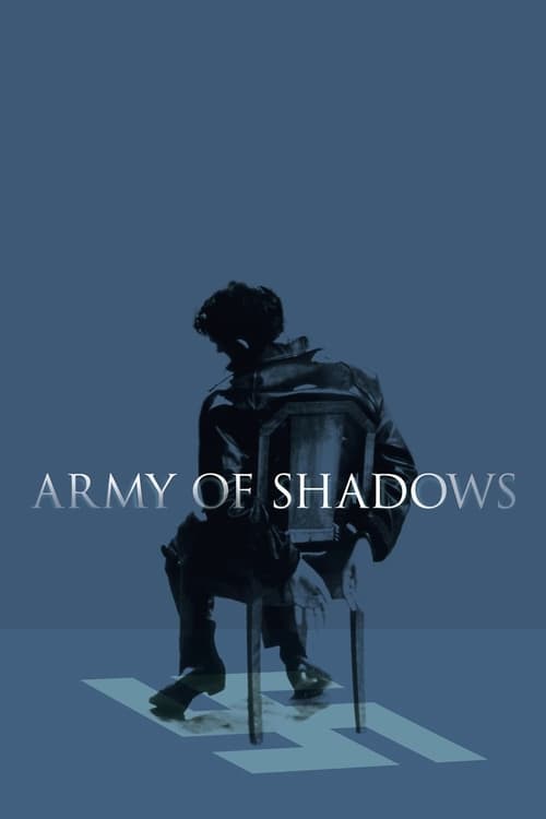 The poster features a silhouette of a person sitting in a chair, bathed in cool blue tones that evoke a somber and mysterious atmosphere. The title "Army of Shadows" is prominently displayed in white text, suggesting themes of mystery and intrigue.