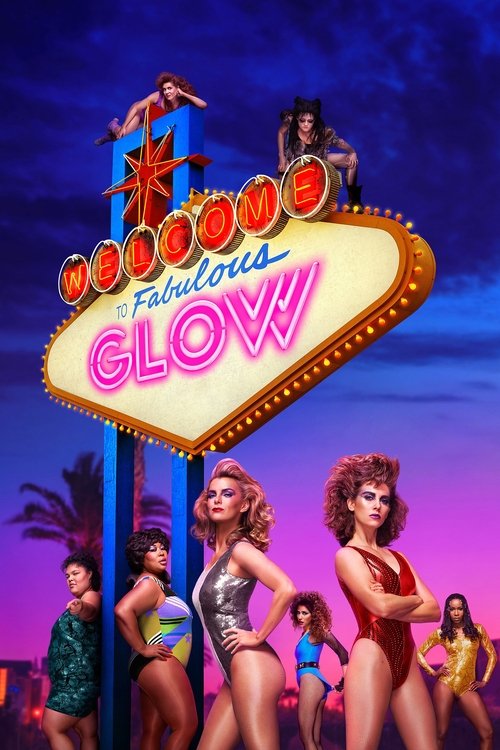 A vibrant TV show poster for "GLOW" features a group of glamorous women in colorful swimsuits posing confidently against a twilight sky. The poster uses bold, neon-style text and warm lighting to create an energetic, fun atmosphere that captures the essence of a summer beach party.