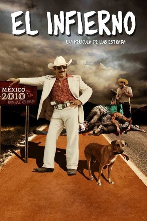 The poster features a cowboy in a white suit and hat standing confidently on a red dirt road, with a dog beside him. In the background, a man in a green shirt and hat rides a horse, while another figure lies on the ground. The scene is set against a dramatic sky with dark clouds, evoking a rugged...
