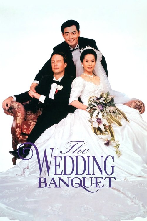 This poster features a glamorous wedding scene with three elegantly dressed individuals. The bride in a white gown holds a bouquet, while the groom and his partner sit on a ornate chair. The dark suits and white dresses create a striking contrast against the bright background. The elegant text "T...