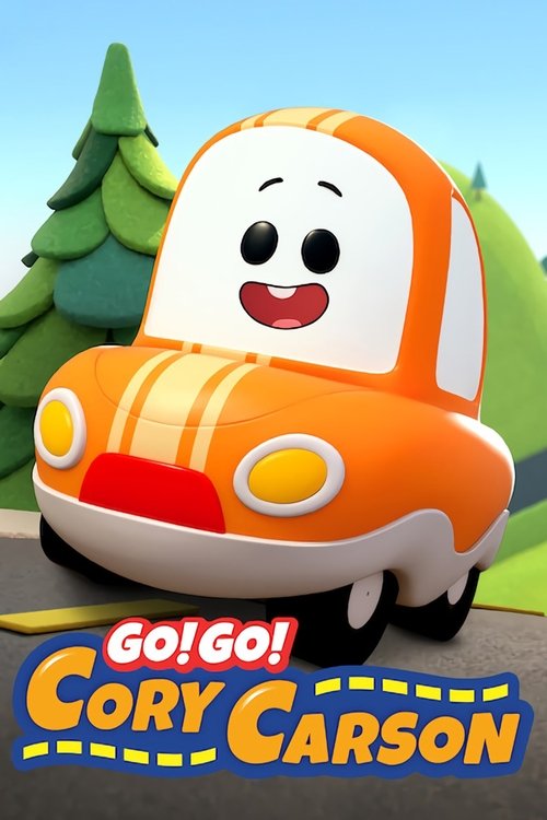 The cheerful orange and white car with a friendly face stands out against a bright blue sky and green trees, exuding a joyful, adventurous mood. The playful text at the bottom reinforces the show's lively spirit.