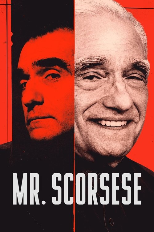 This poster features a split portrait of actors Leonardo DiCaprio and Michael Caine, set against a vibrant red background. The mood is dramatic and cinematic, with bold typography emphasizing the title "Mr. Scorsese."