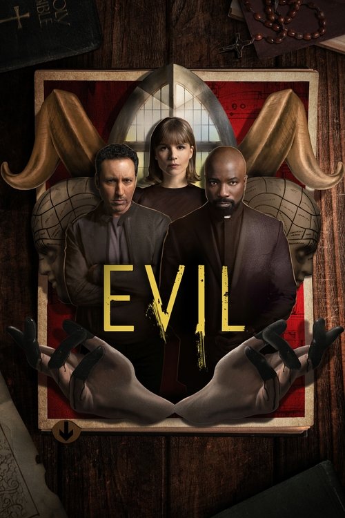 The poster features three men in period attire, framed within a medieval-style window. The warm, earthy tones of the background and clothing create a mysterious atmosphere. The title "EVIL" is prominently displayed in bold, golden letters, suggesting a dark and dramatic tone.