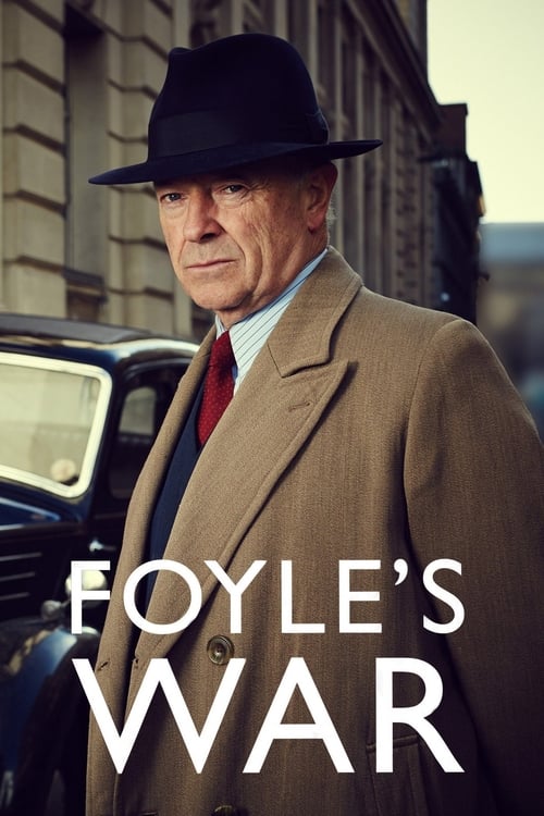 The poster features a stern, weathered man in a black hat and tan suit, exuding authority and resilience. The muted sepia tones and vintage car background evoke a gritty, historical atmosphere. The bold, white title "FOYLE'S WAR" anchors the image, suggesting a dramatic narrative of conflict and ...