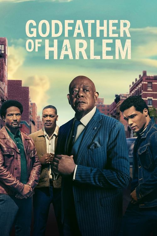 The poster features four men in a gritty, urban Harlem setting with warm, earthy tones. The central figure, a man in a sharp suit, commands attention with a confident gaze. The muted background evokes a sense of tension and drama, capturing the essence of the show's gritty, noir atmosphere.