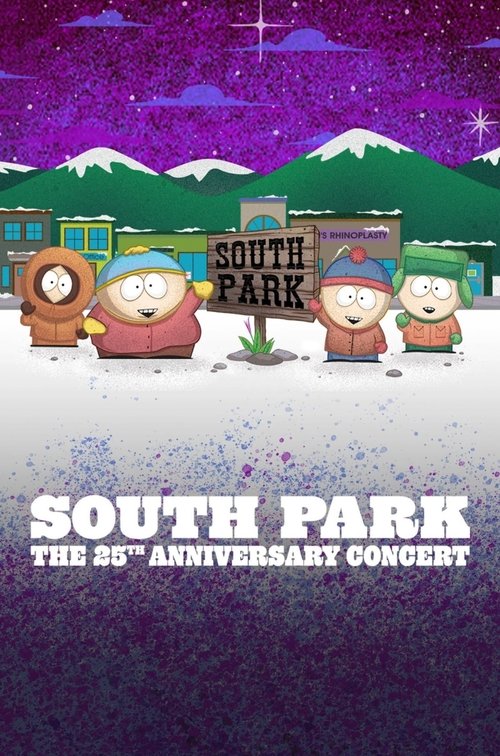 The poster features four animated characters from South Park standing in a snowy landscape under a starry night sky. The vibrant purple and green colors evoke a magical winter wonderland, while the bold white text announces the 25th anniversary concert. The mood is festive and nostalgic, capturin...