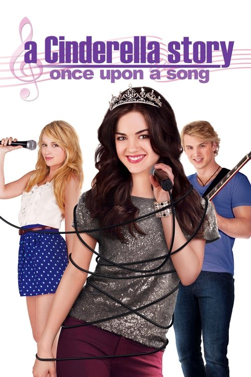 The poster features four characters bound by strings, with a central woman in a shimmering outfit smiling confidently. The background is white, and the title "A Cinderella Story: Once Upon a Song" is prominently displayed in purple and pink. The mood is whimsical and playful, suggesting a musical...