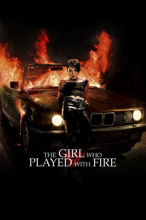 The poster features a woman in a black leather jacket standing beside a burning car, with flames engulfing the vehicle. The dark, dramatic lighting and intense orange flames create a suspenseful and thrilling atmosphere. The title "The Girl Who Played with Fire" is prominently displayed at the bo...