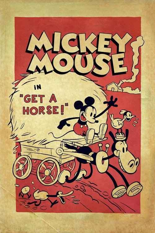 This vintage Mickey Mouse poster features a cheerful scene with Mickey driving a cart filled with passengers, including a dog and a cat, against a bold red background. The playful, energetic mood captures the classic charm of the 1940s cartoon era.