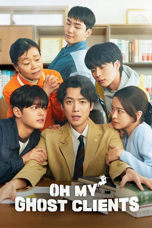 The poster features a group of seven young people in a cozy, bookshelf-filled room, suggesting a school or library setting. The warm lighting and soft colors create a friendly, approachable atmosphere. The title "Oh My Ghost Clients" hints at a humorous or supernatural theme, with the characters'...