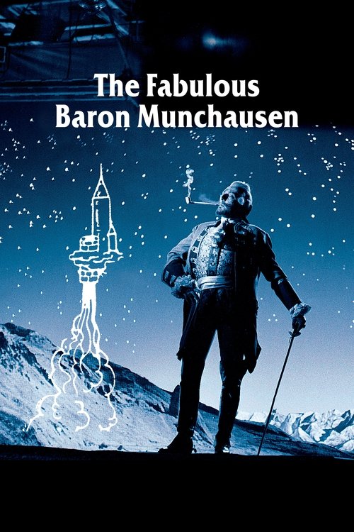 The poster features a mysterious man in a dark coat standing against a snowy backdrop, holding a cane. The title "The Fabulous Baron Munchausen" is prominently displayed in white text. The overall mood is eerie and suspenseful, with a starry sky and a mysterious castle looming in the distance.