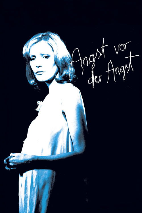 The poster features a striking woman with pale skin and short blonde hair, her expression intense and serious. The image is rendered in monochromatic tones, emphasizing the stark contrast between her light skin and the deep black background. The title "Angst vor der Angst" (Fear of Fear) is writt...
