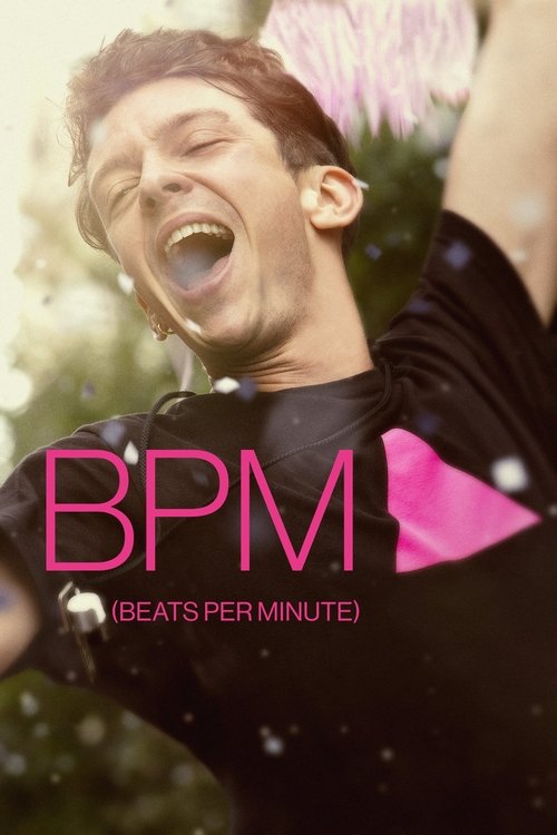 The poster features a dynamic young man with an energetic expression, his mouth open as if singing or dancing. The vibrant pink and black color scheme adds a lively, upbeat atmosphere. The title "BPM" is prominently displayed in bold pink letters, emphasizing the music's rhythmic energy.