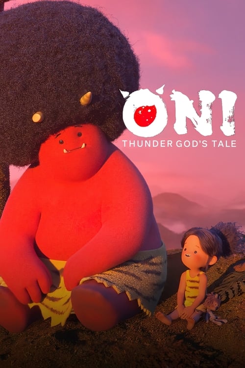 The poster features a large, red, furry character with a black afro and a small apple on its head, sitting on the ground. Beside it, a small boy with a yellow striped shirt stands in the foreground. The background shows a soft pink and purple sky with distant hills, creating a dreamy and whimsica...