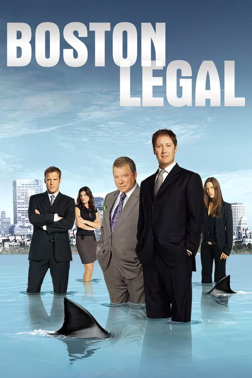 The poster features six professional lawyers in suits against a backdrop of a city skyline, with a large shark swimming through the water below. The vibrant blue sky and crisp white text convey a serious yet hopeful tone, suggesting a high-stakes legal drama set in Boston.