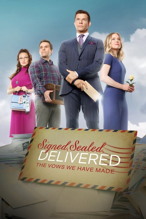 The poster features four characters standing confidently against a bright blue sky, with a large wooden sign reading "Signed, Sealed, Delivered" in the foreground. The warm tones of their clothing contrast with the cool blue background, creating a cheerful and inviting atmosphere.