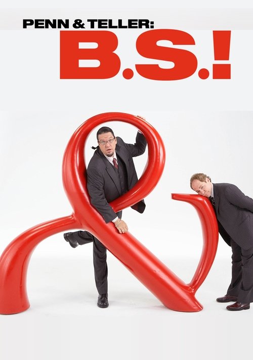 The poster features two men in suits with a red, abstract, flowing design in the foreground. The men appear to be in a humorous, comedic pose, suggesting a lighthearted tone. The bold red title "B.S.!!" dominates the top, emphasizing the show's comedic and absurd nature.