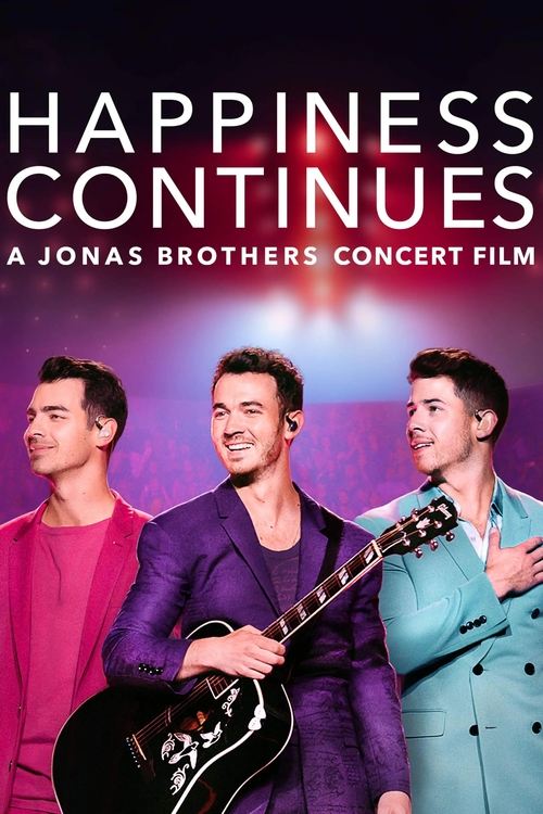 The poster features three men in vibrant colors—pink, purple, and blue—posing together against a gradient background. The central figure holds a guitar, suggesting a musical theme. The mood is cheerful and celebratory, hinting at a concert film.