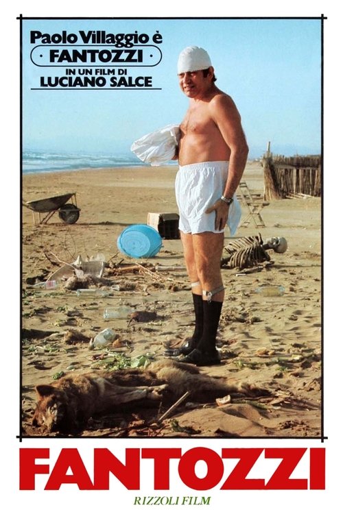 The poster features a shirtless man in white shorts and a white hat, standing on a sandy beach with a blue bucket nearby. The mood is casual and relaxed, capturing the essence of a working-class life. The vibrant colors and simple composition evoke a sense of everyday life and humor.