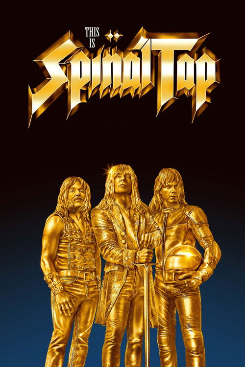 This movie poster for "This Is Spinal Tap" features four golden figures in a dark blue background, evoking a mysterious and slightly ominous mood. The title "This Is Spinal Tap" is prominently displayed in bold, metallic lettering at the top, with the word "Spinal" highlighted in gold. The overal...