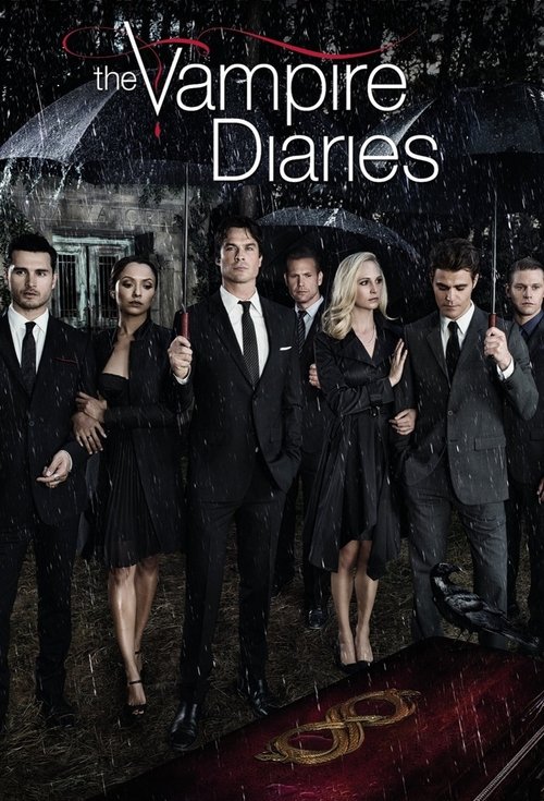 The poster features a group of characters in formal black attire, standing confidently against a dark, moody background. The title "The Vampire Diaries" is prominently displayed in elegant white lettering at the top. The overall mood is mysterious and dramatic, hinting at supernatural themes and ...