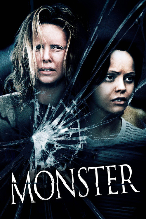 The poster features two women with intense, fearful expressions against a dark, ominous background. A shattered glass effect dominates the center, symbolizing danger and destruction. The title "MONSTER" is prominently displayed in bold, white letters at the bottom, evoking a sense of impending th...