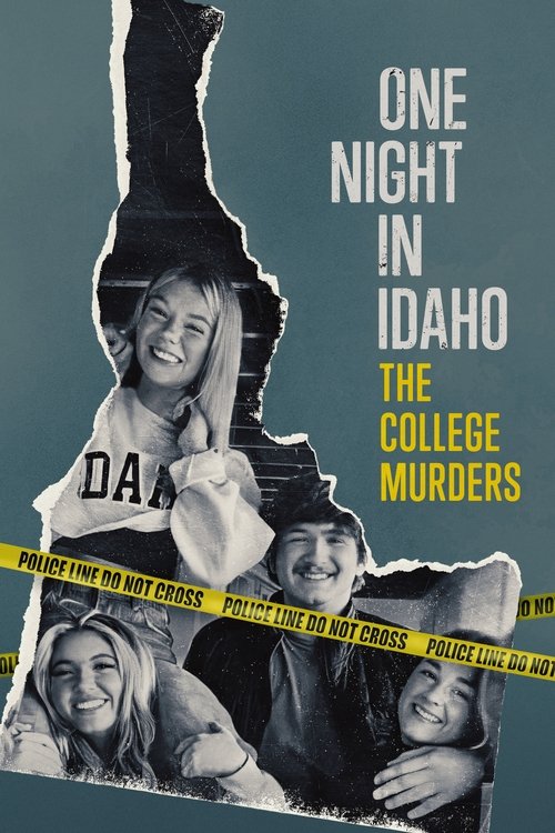 The poster features a torn photograph of a smiling girl, with other students visible through the holes, creating a sense of mystery and intrigue. The dark blue background contrasts with the yellow crime scene tape, evoking a somber and suspenseful mood. The title "One Night in Idaho: The College ...