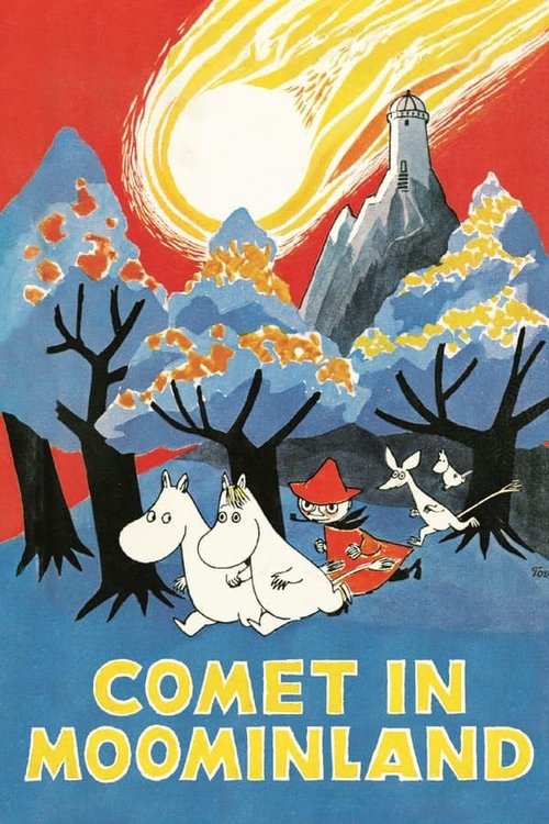 The poster features Moomin characters in a whimsical forest scene under a dramatic sky with a glowing comet. The vibrant red and blue colors create a magical atmosphere, while the playful design captures the charm of the beloved Moomin universe.