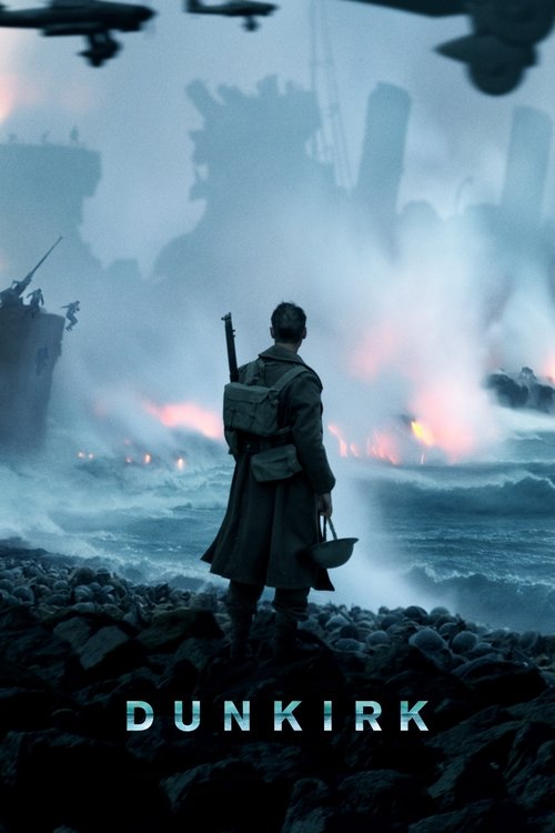The poster captures a dramatic, stormy scene with a lone figure standing on a rocky shore, holding a rifle. The dark, moody atmosphere is enhanced by the ominous sky and distant explosions. The title "DUNKIRK" is prominently displayed at the bottom in bold, metallic letters, emphasizing the film'...