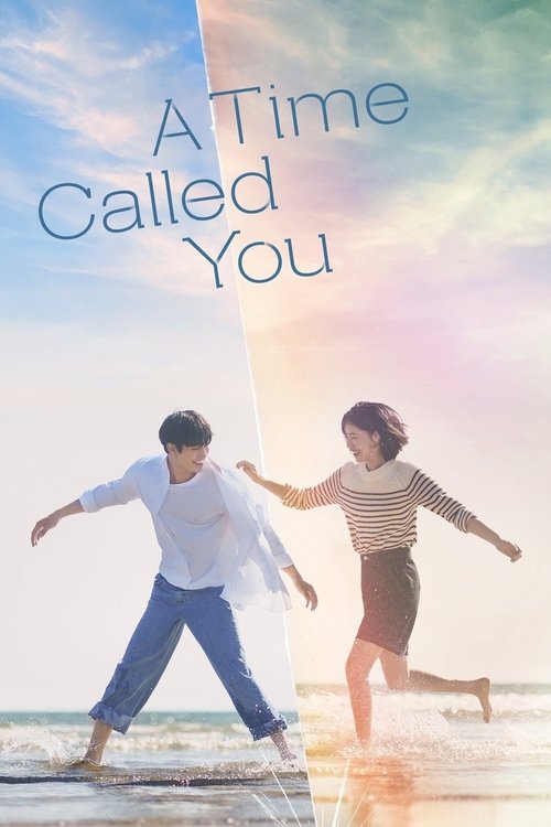 The poster features two people joyfully running on a beach, split by a diagonal line that divides the image into two halves. The left side shows a man in a white shirt and blue jeans, while the right side shows a woman in a striped top and dark pants. The background is a vibrant sunset with warm ...