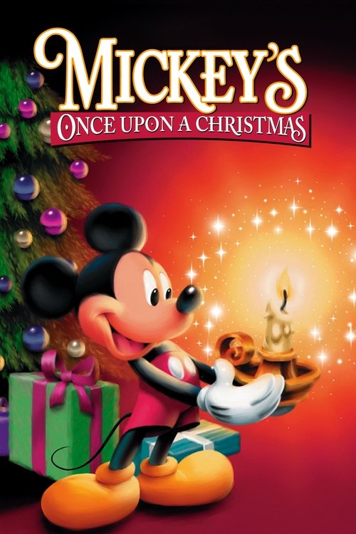 This festive poster features Mickey Mouse joyfully holding a gift box, surrounded by twinkling lights and a cozy Christmas tree. The warm red and gold tones evoke a magical, heartwarming holiday atmosphere.