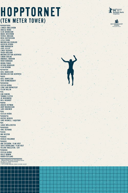 The poster features a minimalist design with a silhouette of a person floating in the center against a light background. The title "Hopptornet" is prominently displayed at the top, accompanied by a list of names on the left. The bottom section showcases a blue grid pattern, adding a modern touch....