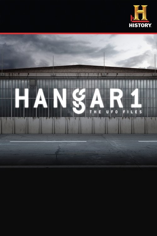 The poster features a dark, moody scene with a large industrial building under a stormy sky. The word "HANGAR 1" is prominently displayed in bold white letters. The overall mood is mysterious and suspenseful, evoking the classic horror genre.