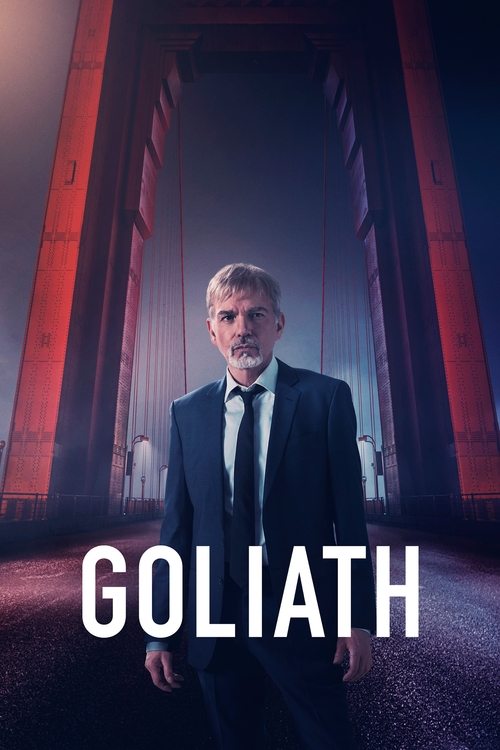 The poster features a man in a sharp black suit standing in a grand, red-lit archway, exuding authority and mystery. The bold white text "GOLIATH" anchors the image, suggesting a powerful narrative. The dramatic lighting and formal attire create an air of intrigue, hinting at a high-stakes drama ...