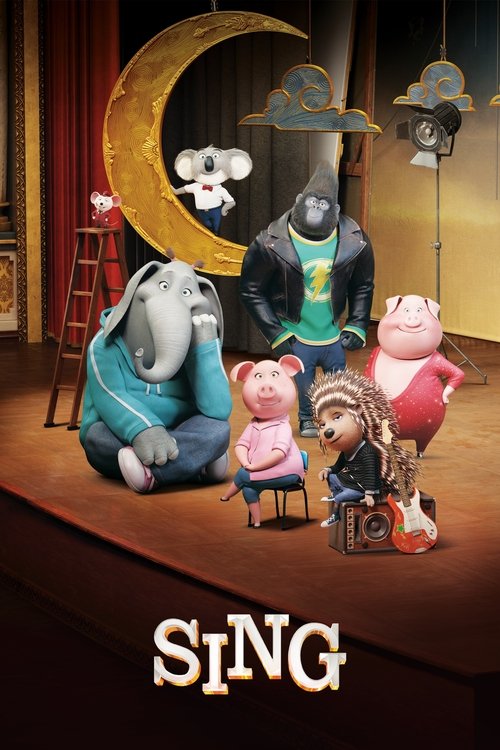 The poster features anthropomorphic animals on a dimly lit stage with warm lighting, creating an intimate and cozy atmosphere. The characters are dressed in colorful outfits, adding vibrancy to the scene. The large crescent moon and soft glow enhance the dreamy, magical feel of the image.