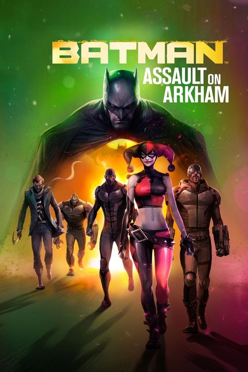 The poster features Batman in a dramatic pose above four other characters, including a woman in a red outfit and a muscular man. The background is a vibrant mix of green and pink hues, suggesting a futuristic or sci-fi setting. The overall mood is intense and action-packed, hinting at a thrilling...