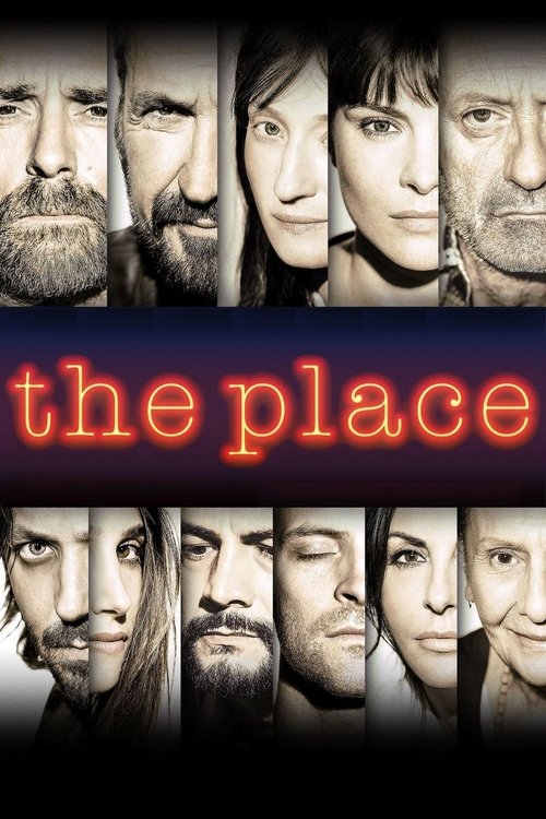 The poster features a grid of black-and-white portraits of diverse characters, with the title "the place" glowing in neon orange against a dark background. The mood is mysterious and cinematic, suggesting a thriller or drama with an intriguing narrative.