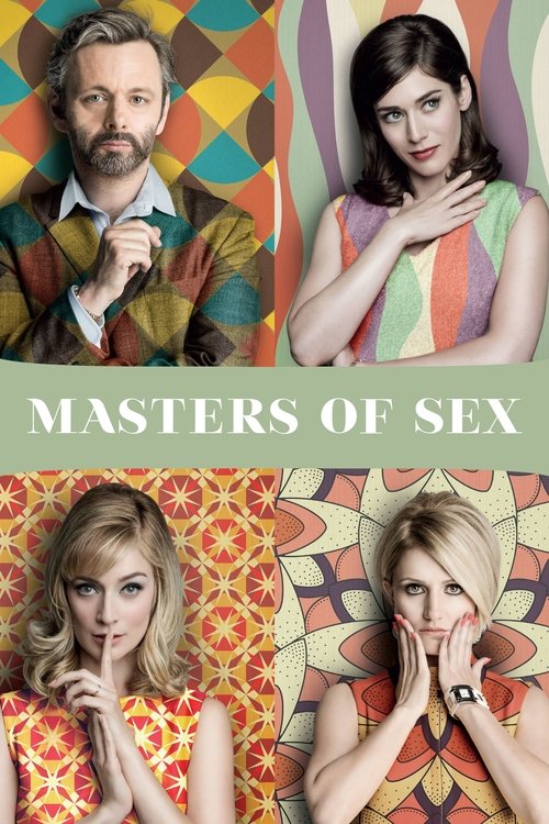 The poster features three women in vibrant, geometrically patterned outfits against colorful backgrounds. The mood is playful and provocative, with each woman posing confidently or playfully. The bold typography "Masters of Sex" emphasizes the show's provocative nature.