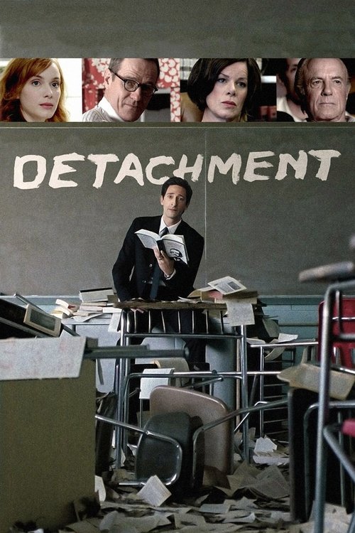 The poster features a man in a dark suit standing amidst scattered desks and debris, evoking a sense of abandonment. Above him, four faces of different ages are displayed in a row, suggesting a narrative of separation or loss. The muted, desaturated palette reinforces the film's themes of emotion...