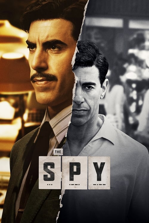 The poster features two men in a split-screen composition, one in a dark suit and the other in a light shirt, both exuding mystery. The muted tones and shadowy background create a suspenseful atmosphere, while the bold title "THE SPY" anchors the image with a classic spy thriller vibe.