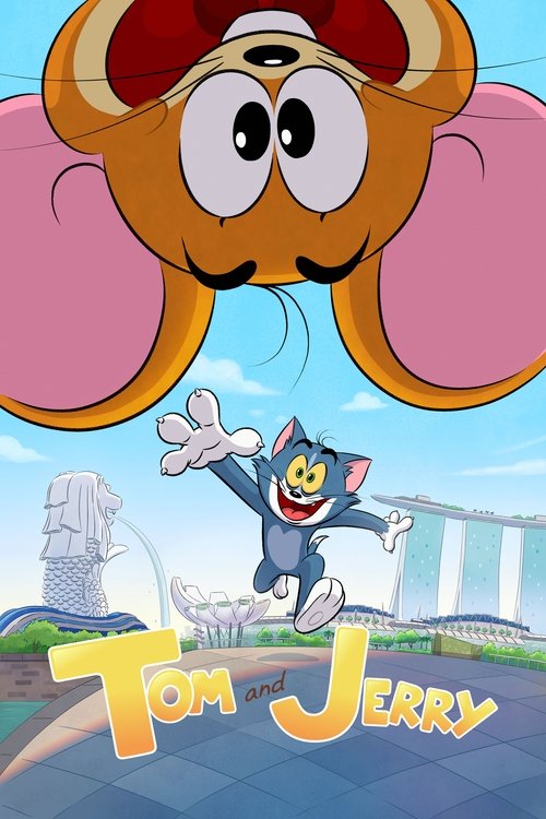 This vibrant poster features Tom and Jerry in a dynamic pose against a bright blue sky. The playful characters are framed by large pink ears, creating a whimsical atmosphere. The golden title text at the bottom adds a touch of classic cartoon charm, evoking nostalgia and humor.