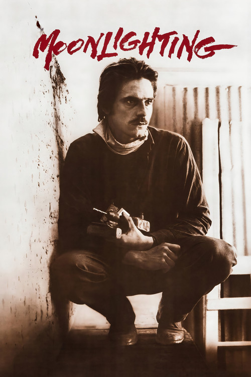 The poster features a gritty, sepia-toned image of a man in a dark sweater crouching against a weathered wall, holding a gun. The title "Moonlighting" is written in bold, red, distressed lettering at the top. The mood is tense and mysterious, evoking a noir atmosphere with muted colors and a sens...
