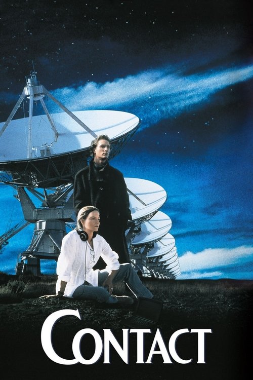 The poster features two men in space against a starry backdrop, with a large satellite dish dominating the scene. The deep blue and black tones evoke a sense of mystery and adventure, while the bold white text "CONTACT" anchors the image.
